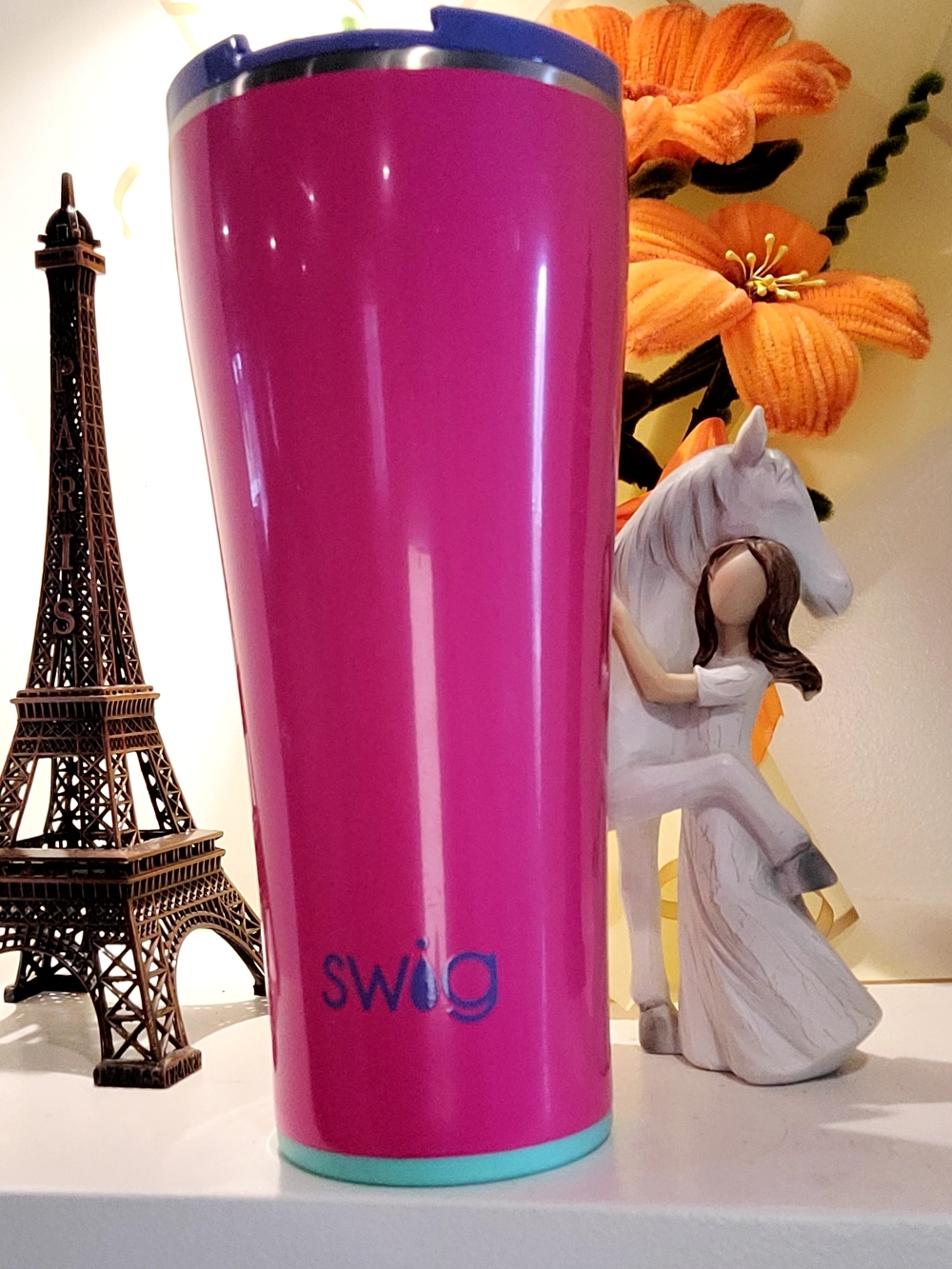 Swig Hot Pink Travel Tumbler with Teal Base and Lid